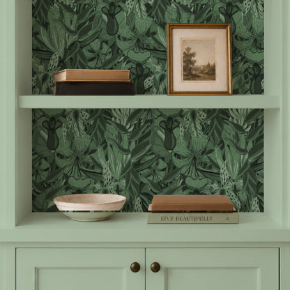 Cabinet back lined with Tropical Jungle wallpaper