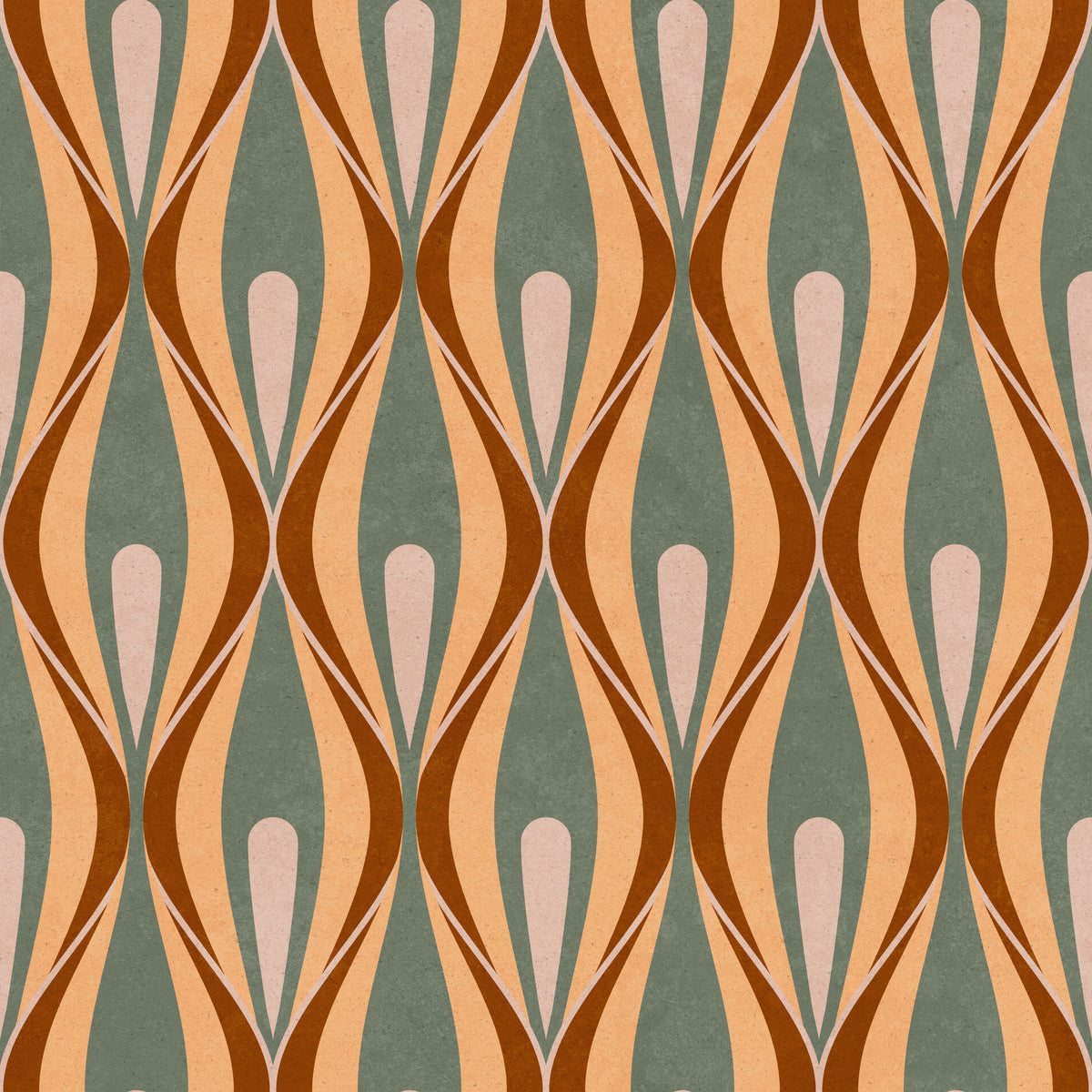 70s ogee wallpaper in sage, rust and peach