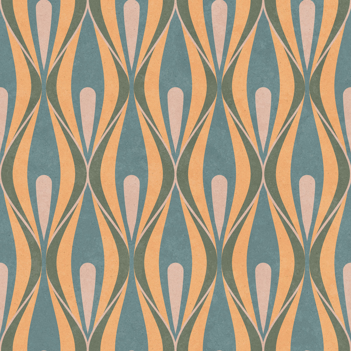 Calla Lily 70s ogee wallpaper in peach, teal and sage