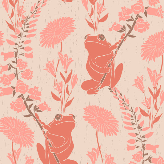 A repeating illustrated pattern featuring coral-pink frogs climbing among stylized flowers and leaves on a light warm beige background.