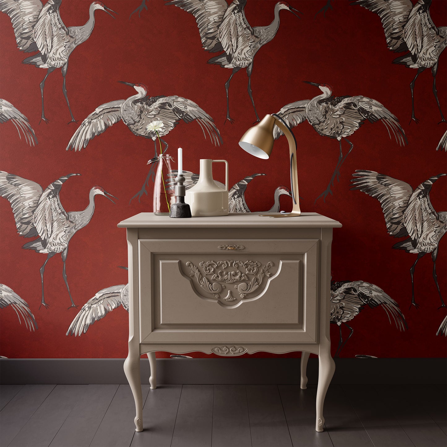 Crane wallpaper accent wall in red