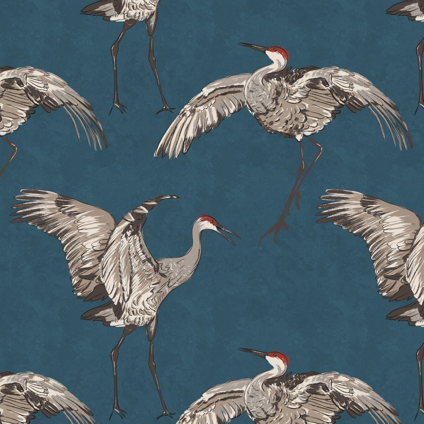 Crane bird wallpaper design in deep blue