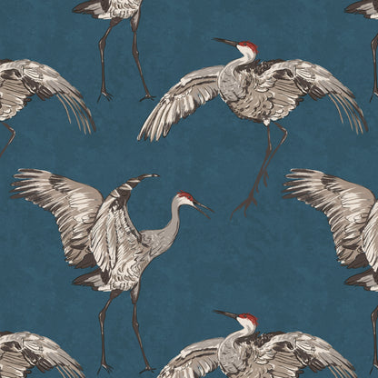 Crane bird wallpaper design in deep blue