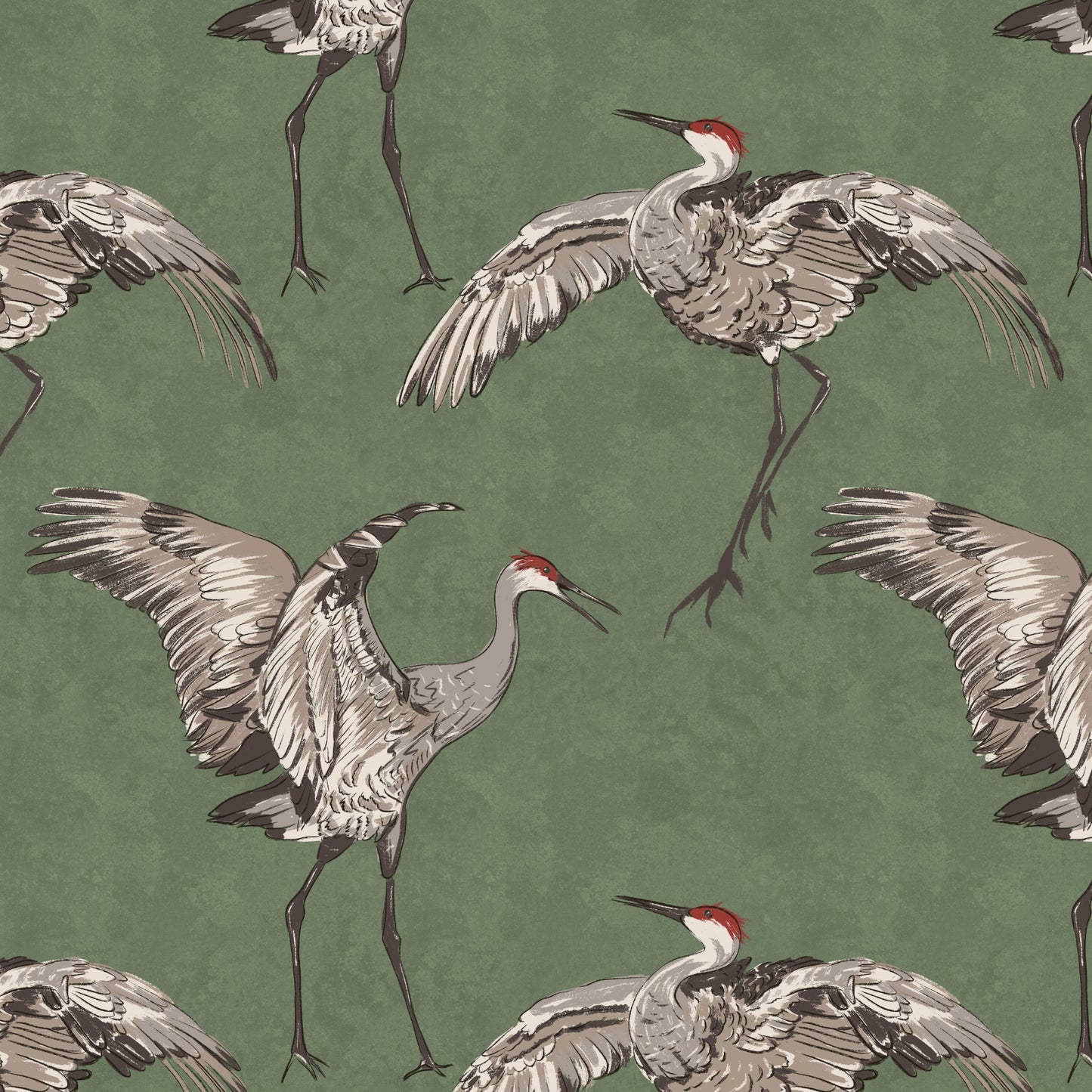 Crane bird wallpaper design in green