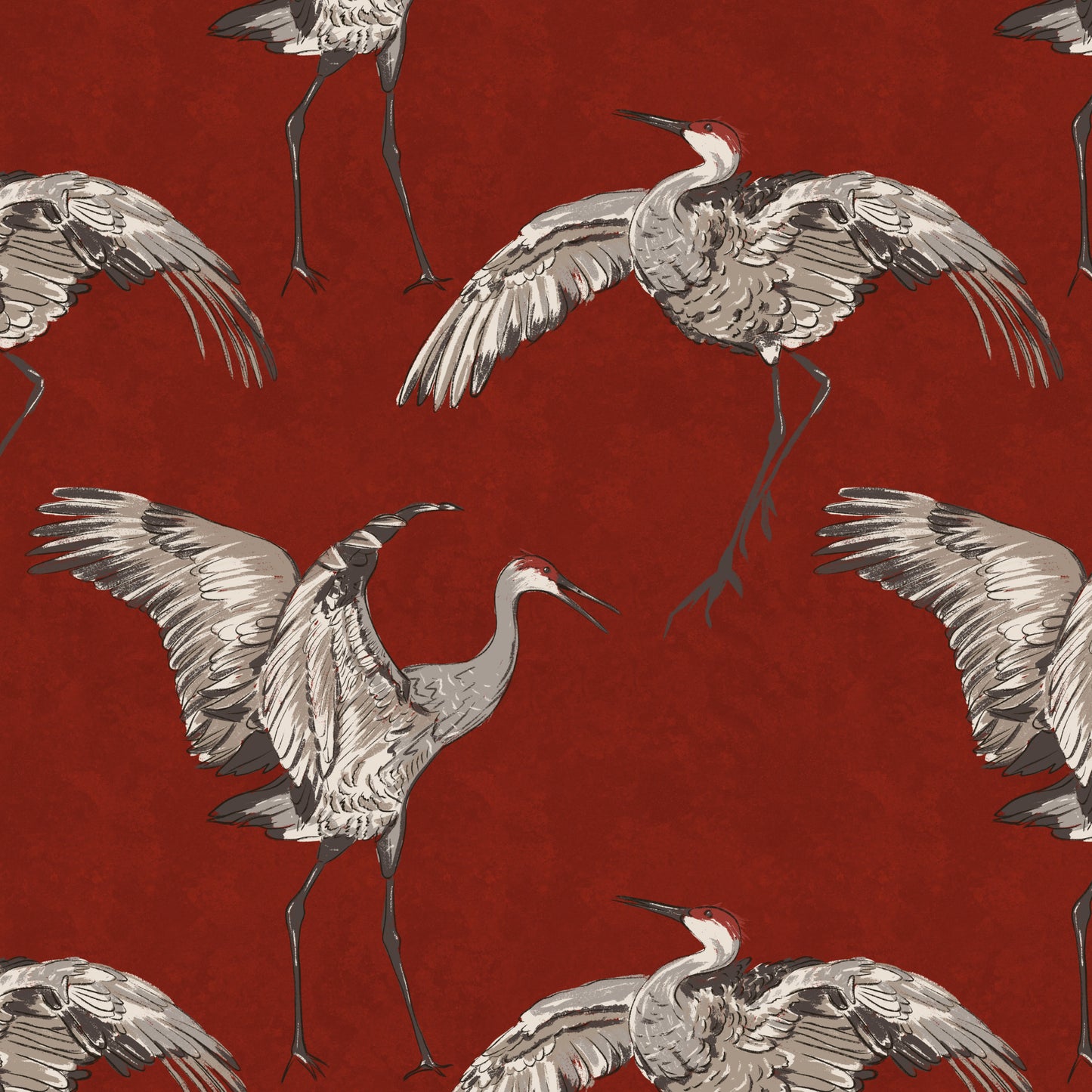 Crane bird wallpaper design in red
