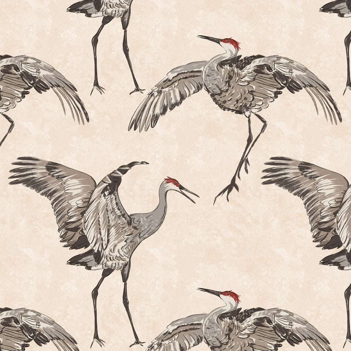 Crane bird wallpaper design in cream