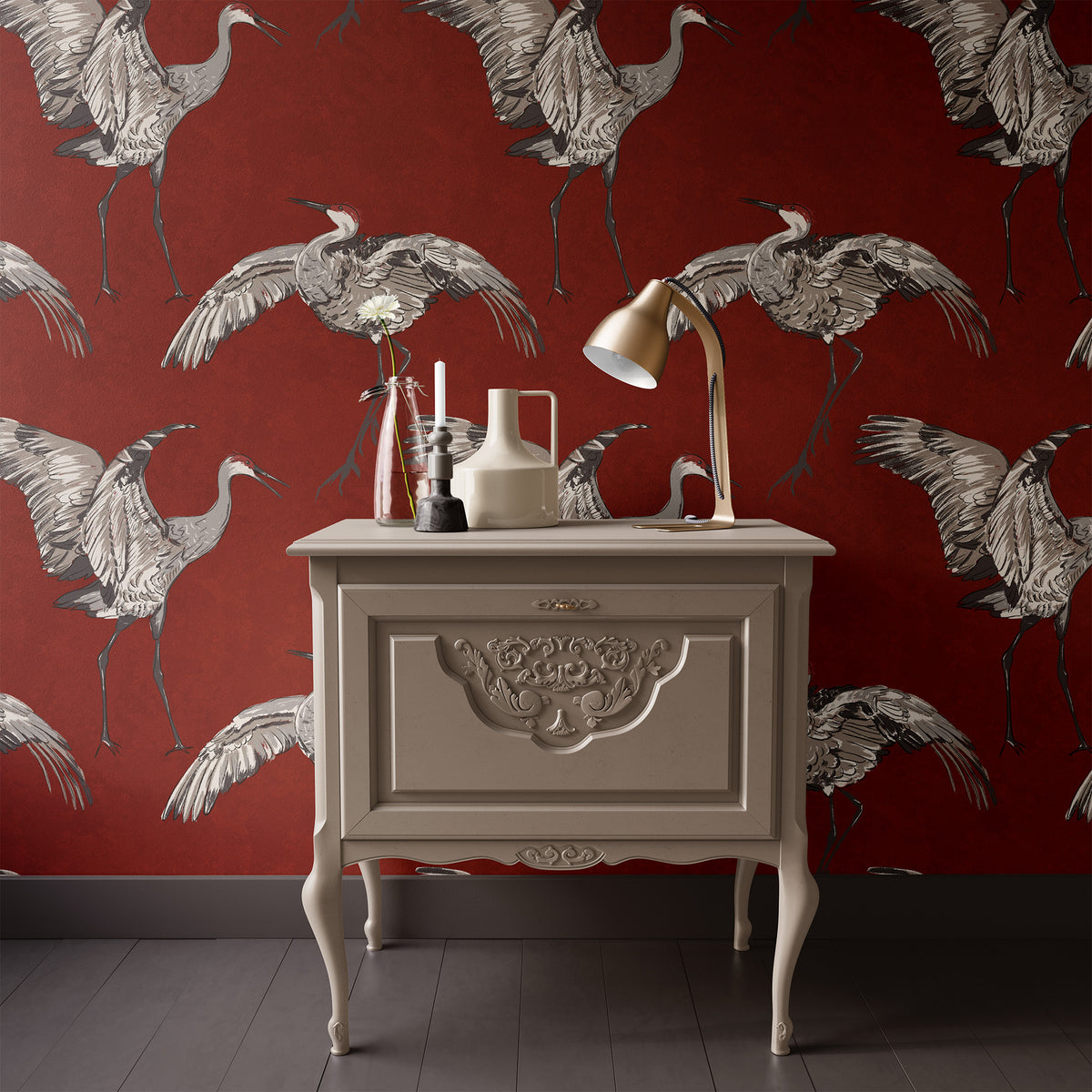 Crane wallpaper accent wall in red