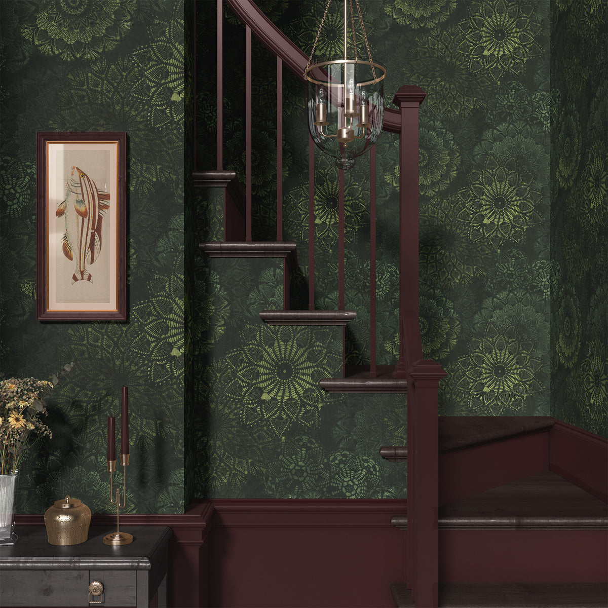 Dark green lace wallpaper along a traditional staircase