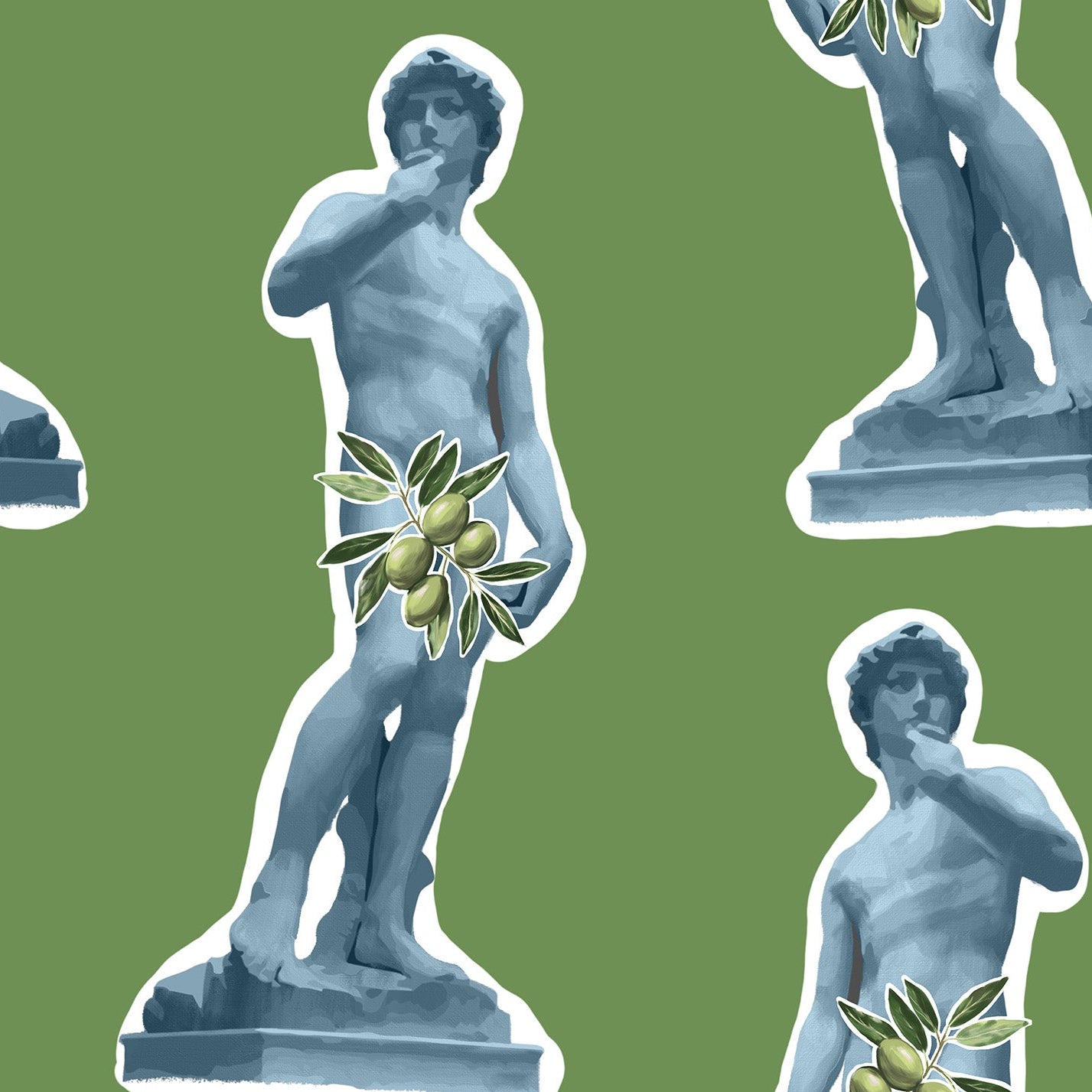 A repeating pattern of classical-style nude male statues in a pale blue-gray tone, each holding a bouquet of yellow flowers, arranged on a solid green background.