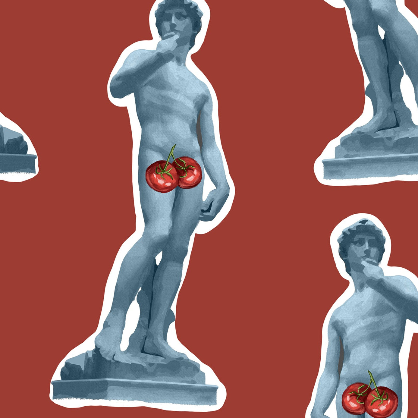 A repeating pattern of classical male statue cutouts on a solid red background, with some statues having red tomatoes attached to their lower bodies.