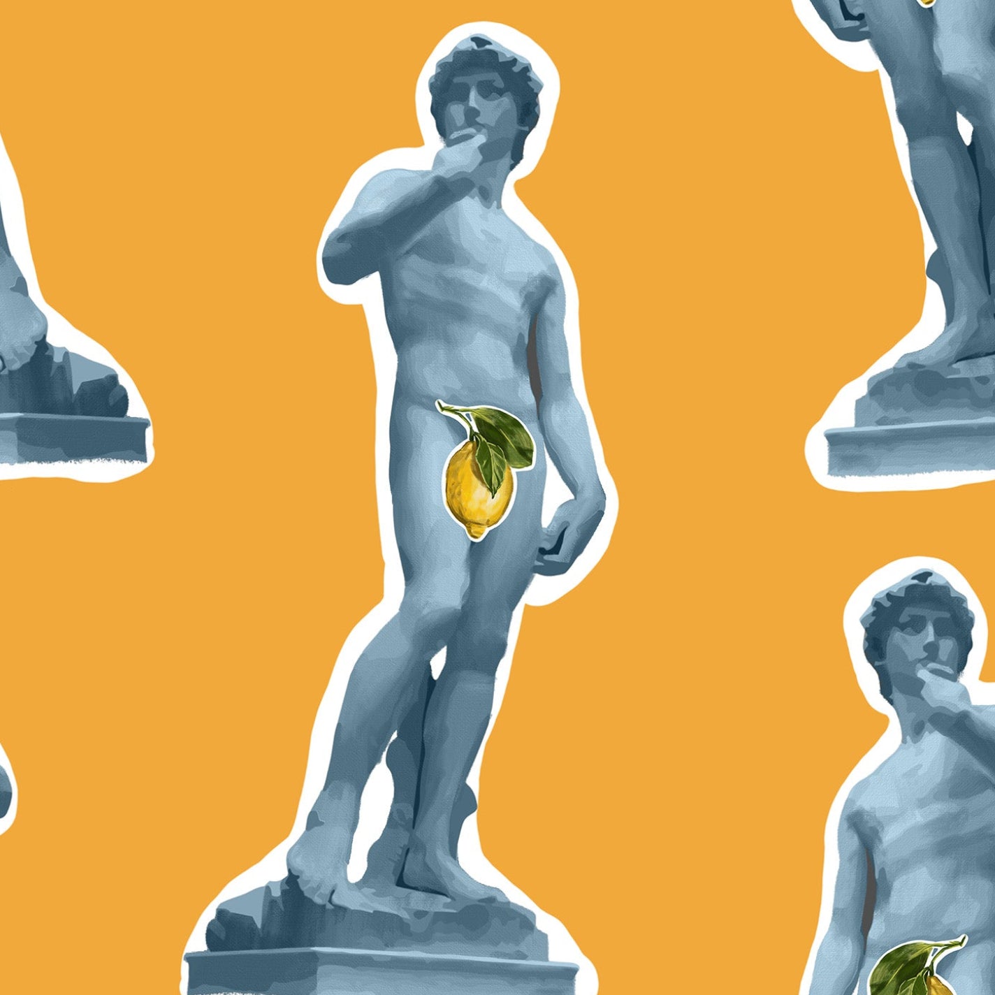 A repeating pattern of classical male statue cutouts in pale blue-gray with small yellow-green fruit accents, set against a solid orange background.