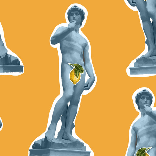 A repeating pattern of classical male statue cutouts in pale blue-gray with small yellow-green fruit accents, set against a solid orange background.