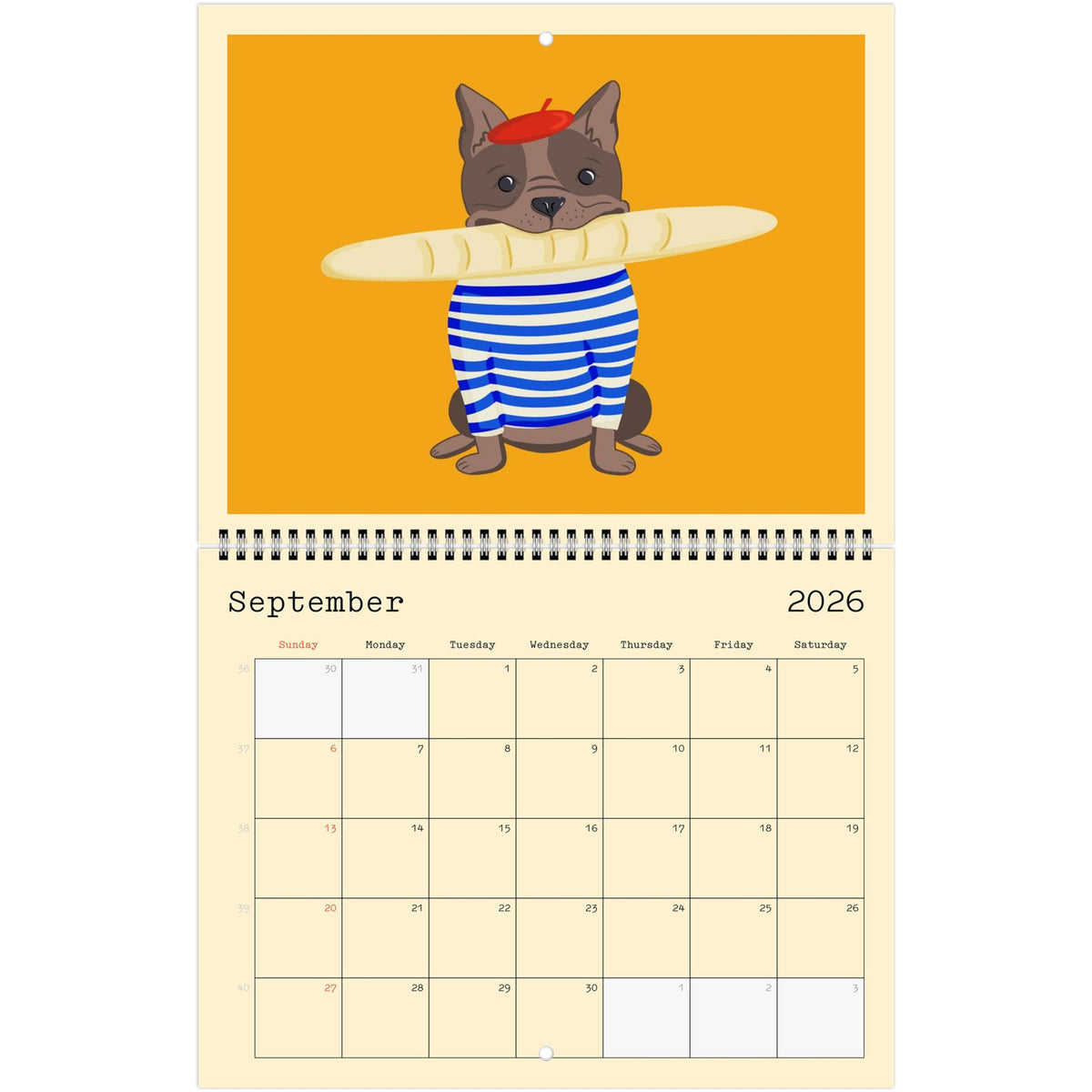 Inside page of the Dogs You Love calendar: a dog in a red beret and a striped shirt holding a baguette above a monthly date grid