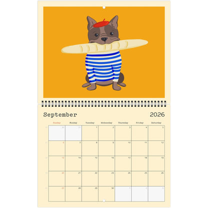 Inside page of the Dogs You Love calendar: a dog in a red beret and a striped shirt holding a baguette above a monthly date grid