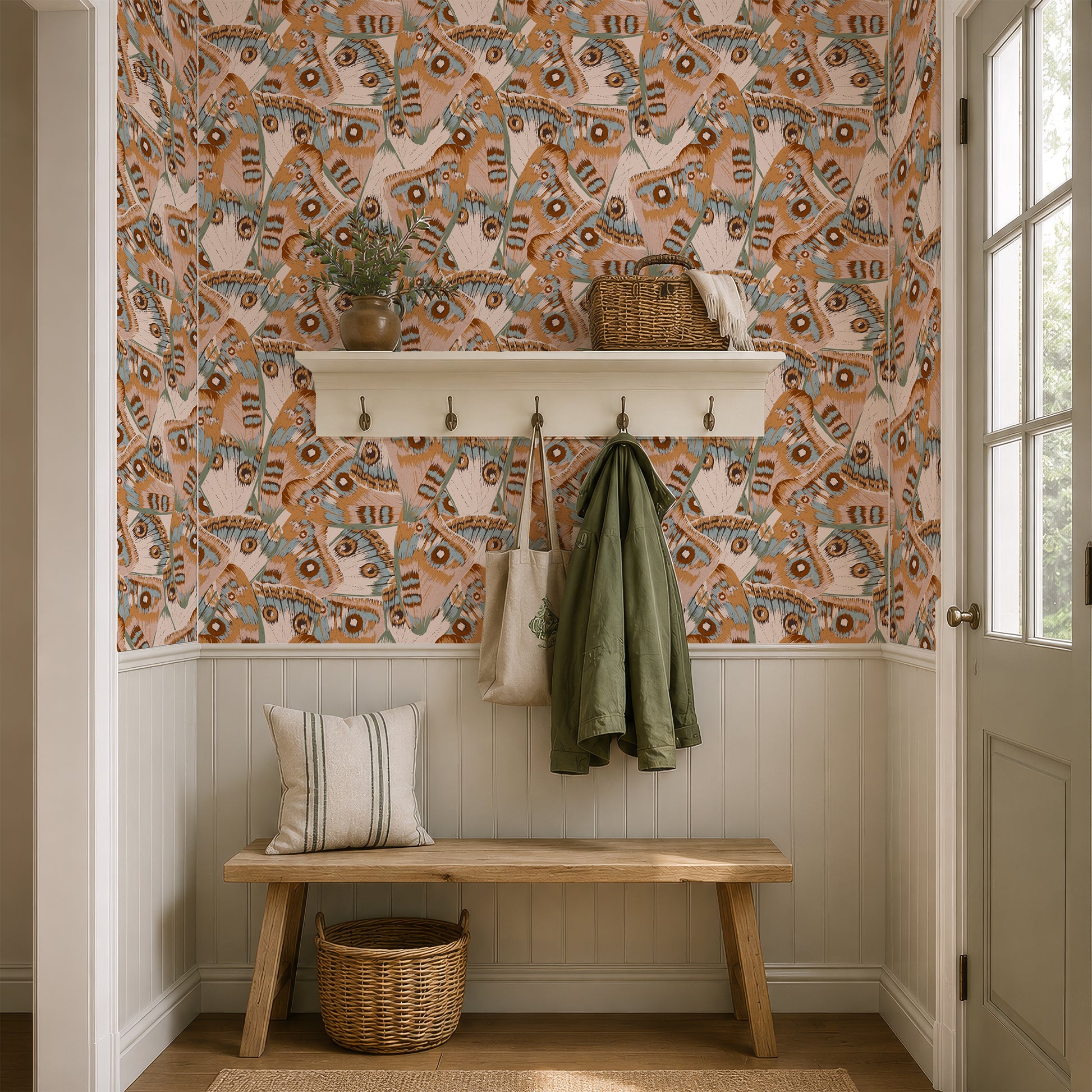 Butterfly wings wallpaper in an entryway