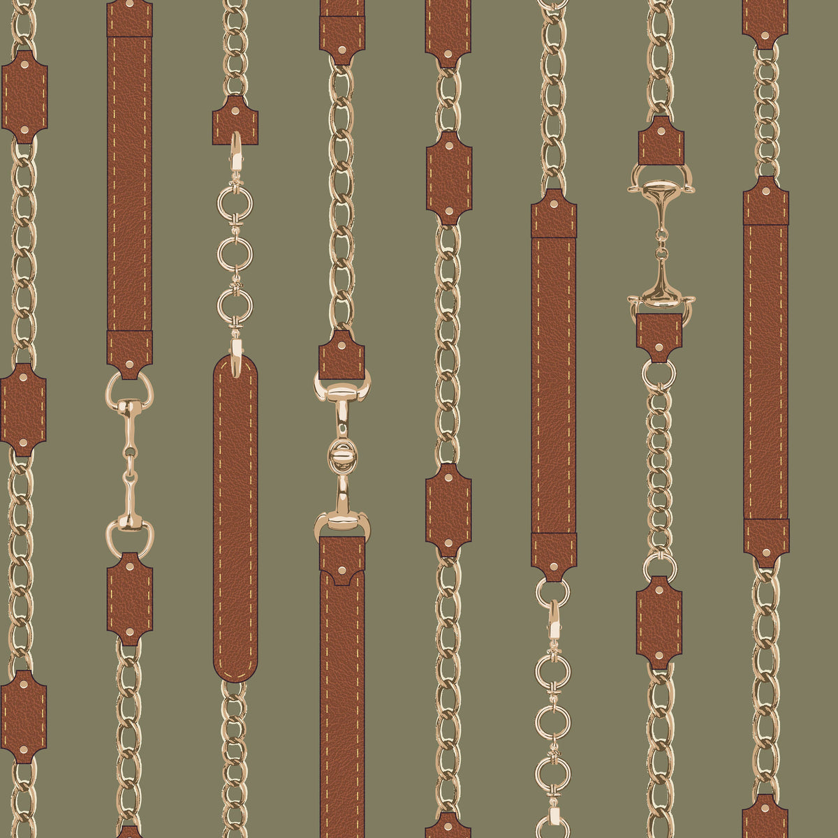 Equestrian wallpaper with leather straps and chains on sage green