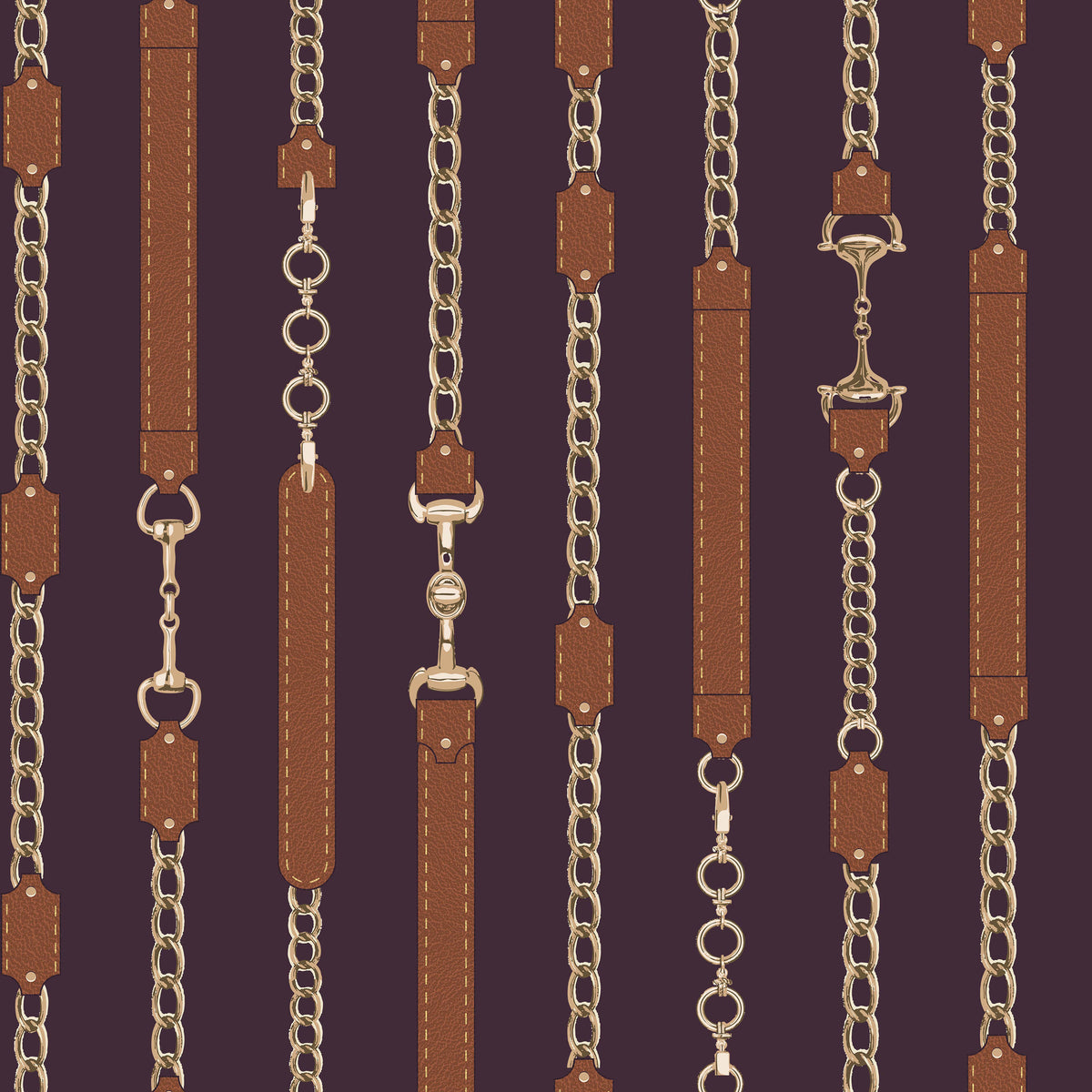 Equestrian wallpaper with leather straps and horse bit chains on plum
