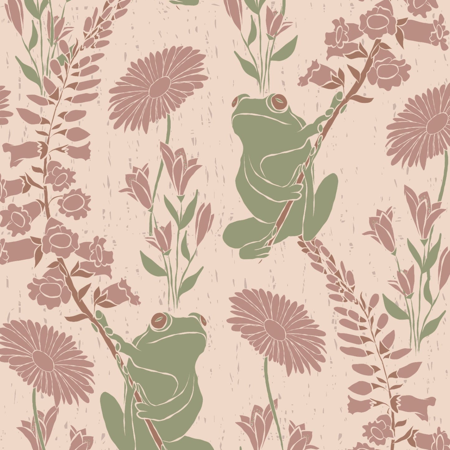 A repeating vintage-style botanical pattern featuring olive green frogs climbing among dusty pink flowers and leaves on a light beige textured background.