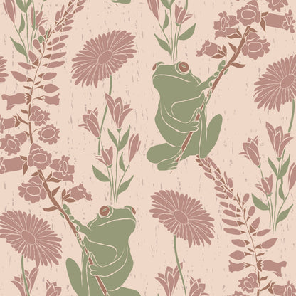 A repeating vintage-style botanical pattern featuring olive green frogs climbing among dusty pink flowers and leaves on a light beige textured background.