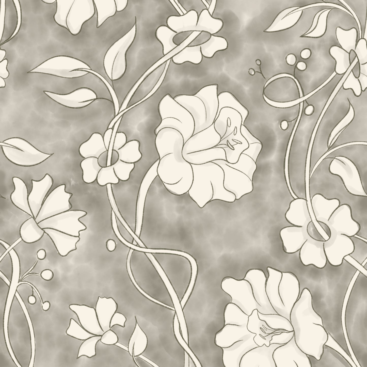 A repeating floral pattern with cream-colored flowers and vines on a textured taupe-gray background.