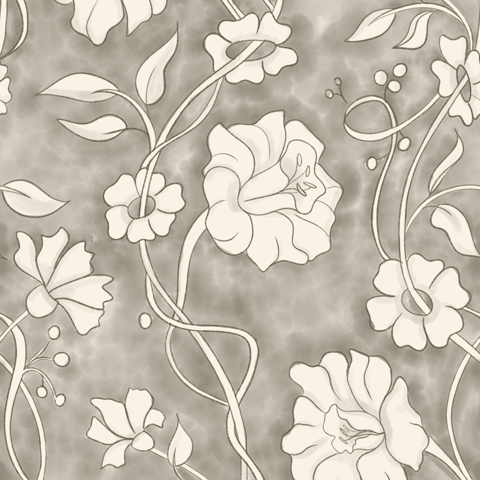A repeating floral pattern with cream-colored flowers and vines on a textured taupe-gray background.