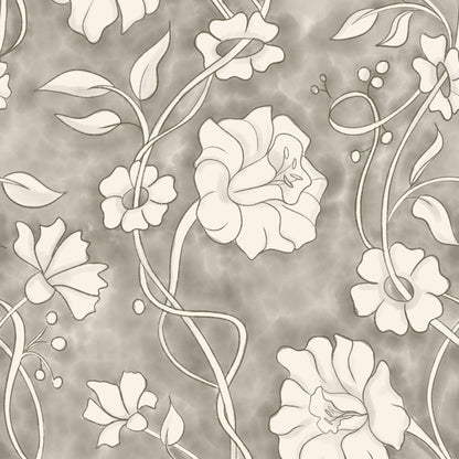 A repeating floral pattern with cream-colored flowers and vines on a textured taupe-gray background.
