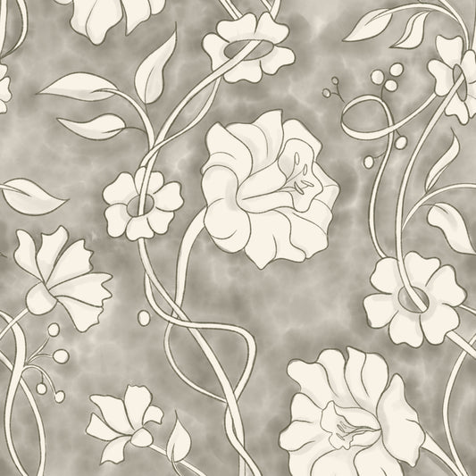 A repeating floral pattern with cream-colored flowers and vines on a textured taupe-gray background.
