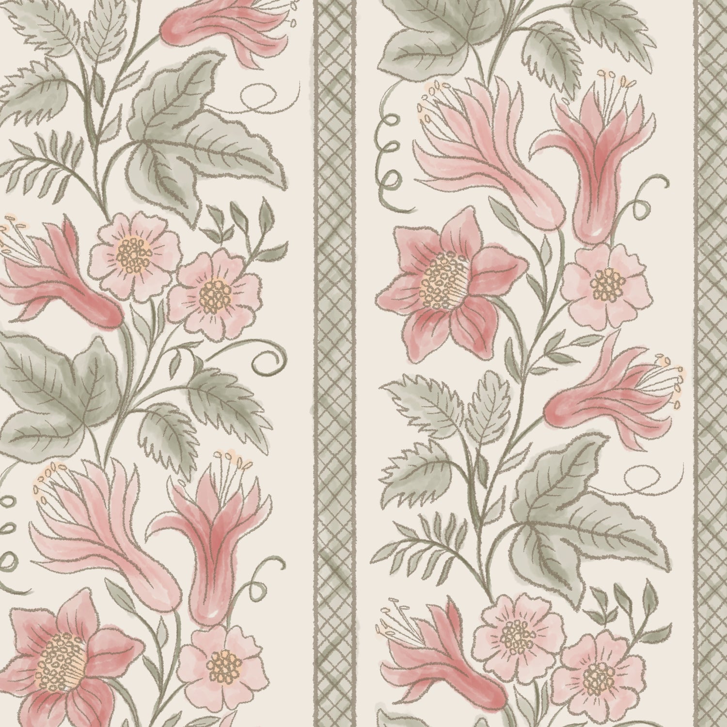A botanical wallpaper with pink flowers and muted green leaves on a warm cream background, bordered by decorative vertical stripes.