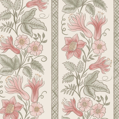 A botanical wallpaper with pink flowers and muted green leaves on a warm cream background, bordered by decorative vertical stripes.