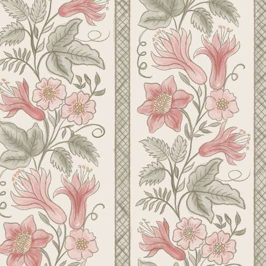 A botanical wallpaper with pink flowers and muted green leaves on a warm cream background, bordered by decorative vertical stripes.
