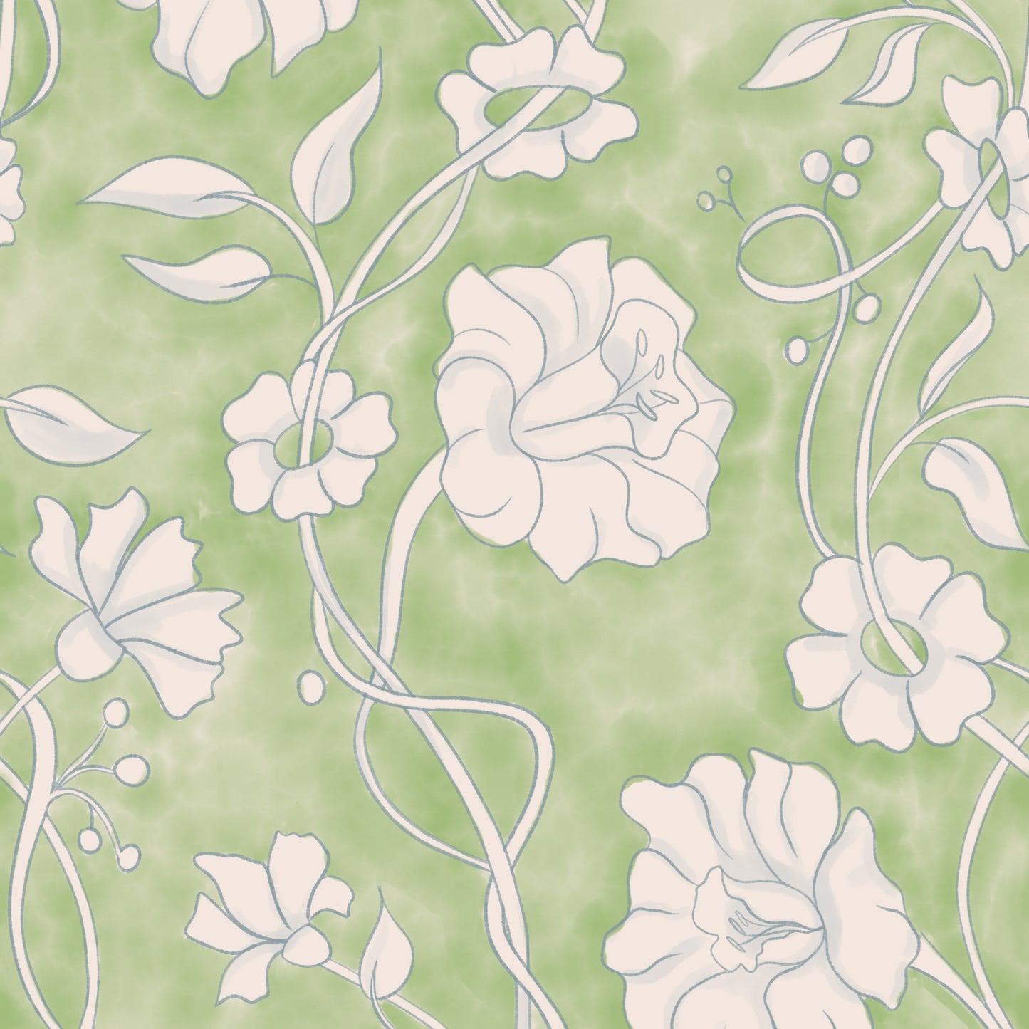 A repeating floral pattern with large pale pink flowers and delicate swirling vines on a soft light green background.