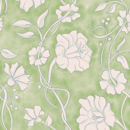A repeating floral pattern with large pale pink flowers and delicate swirling vines on a soft light green background.