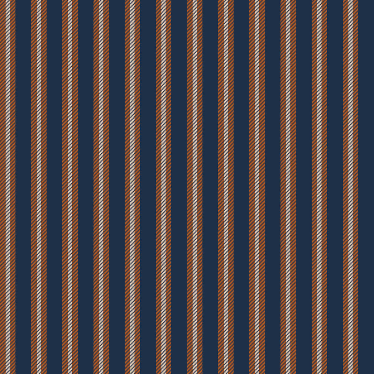 Heritage striped wallpaper in navy blue with tan and red pinstripes