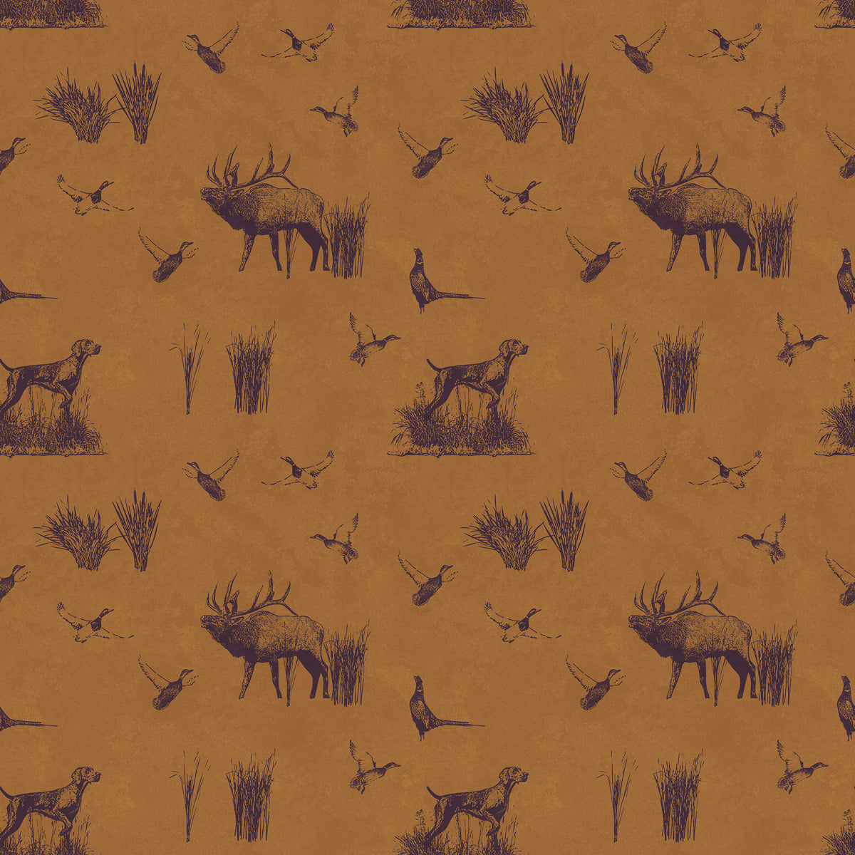 Hunting toile wallpaper in cognac brown with deer, pheasants and hunting dogs