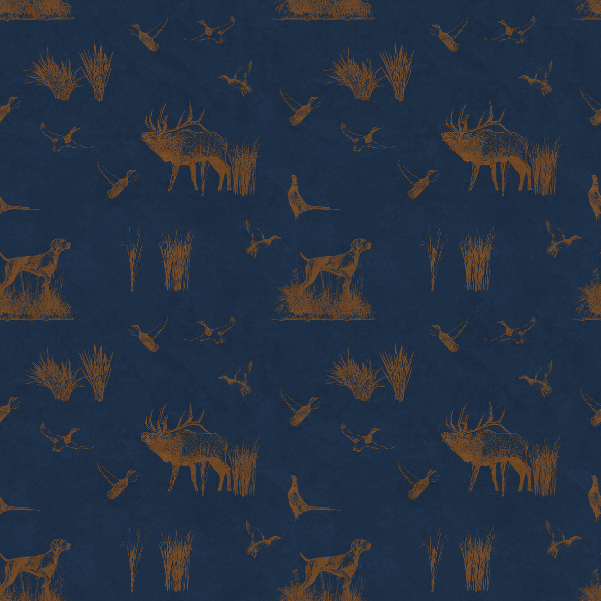 Hunting toile wallpaper in cognac on navy blue