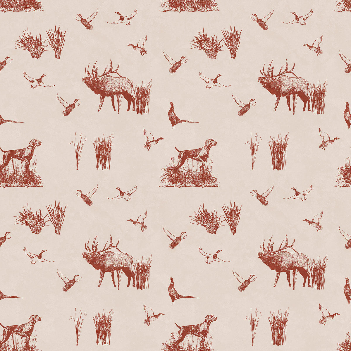 Hunting toile wallpaper in red on cream
