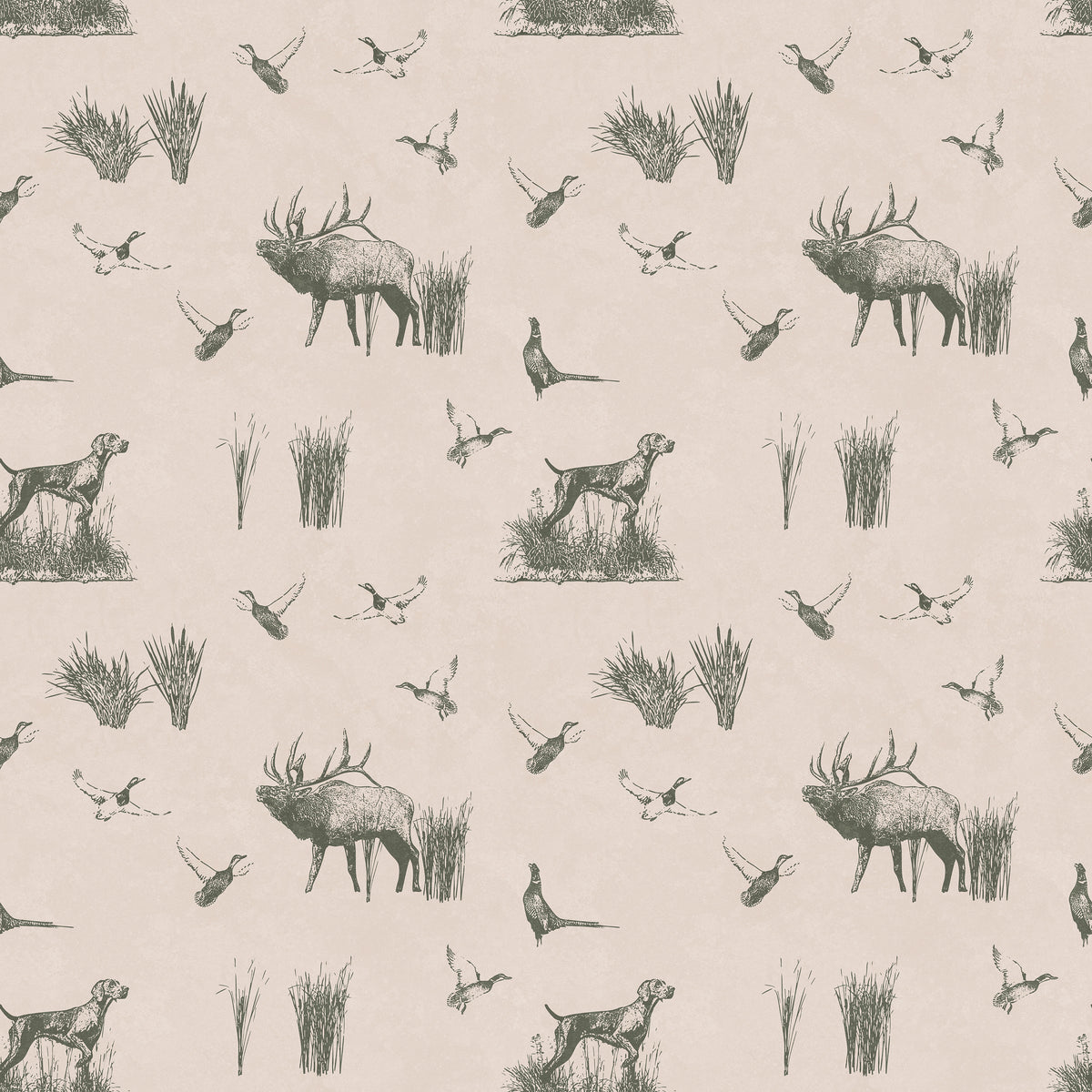 Hunting toile wallpaper in sage green on cream