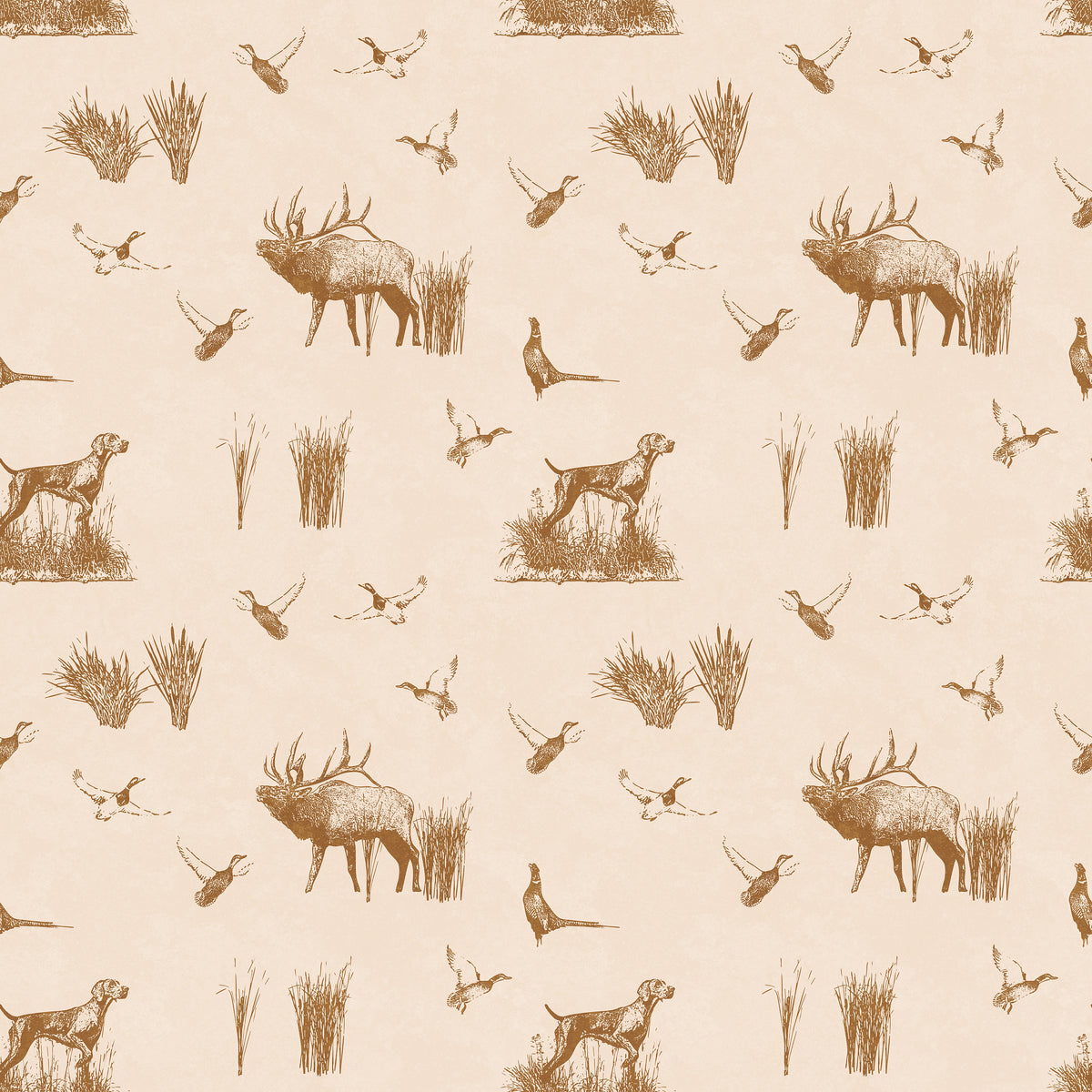 Hunting toile wallpaper in tan on cream