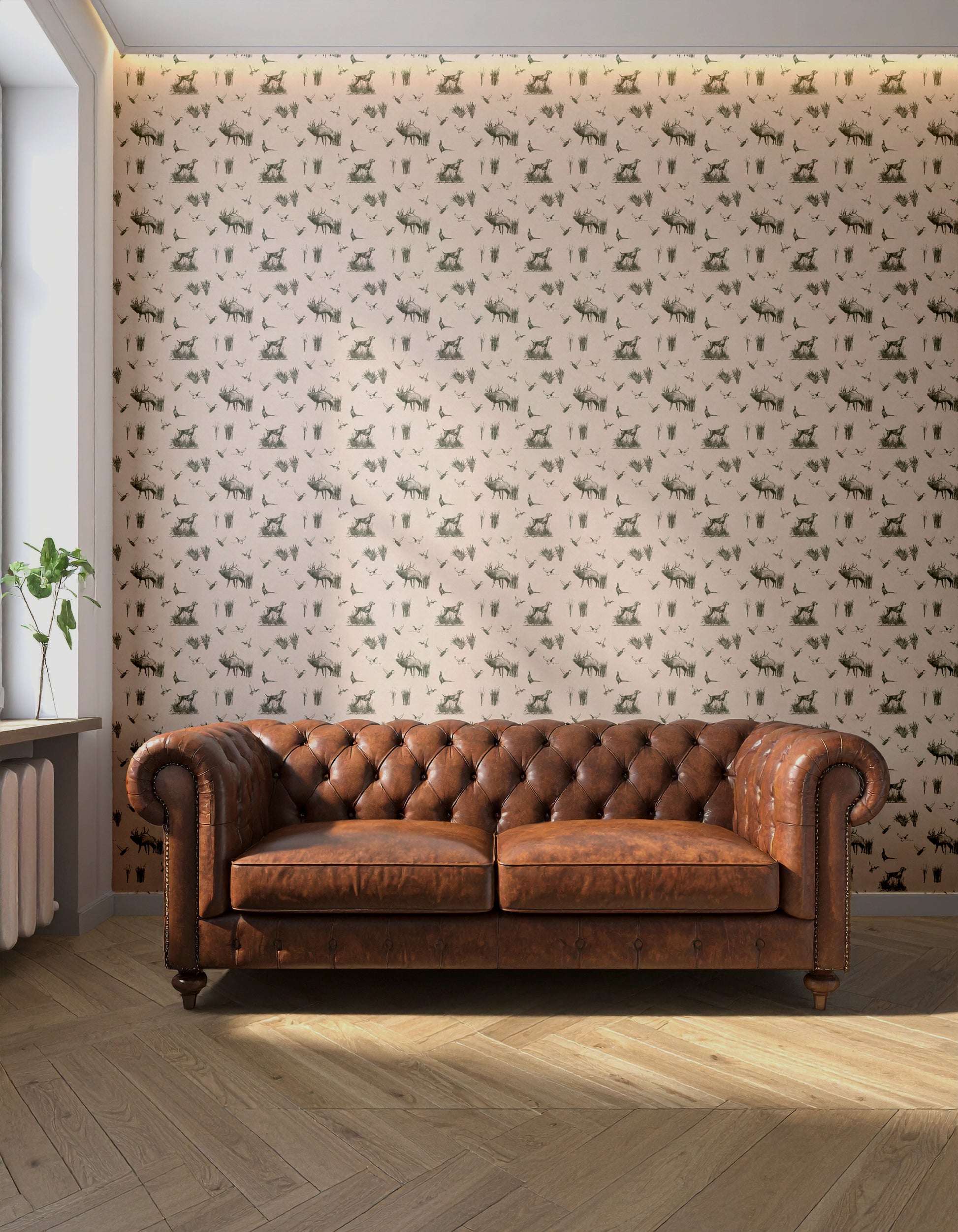 Brown leather sofa in a room with patterned wallpaper