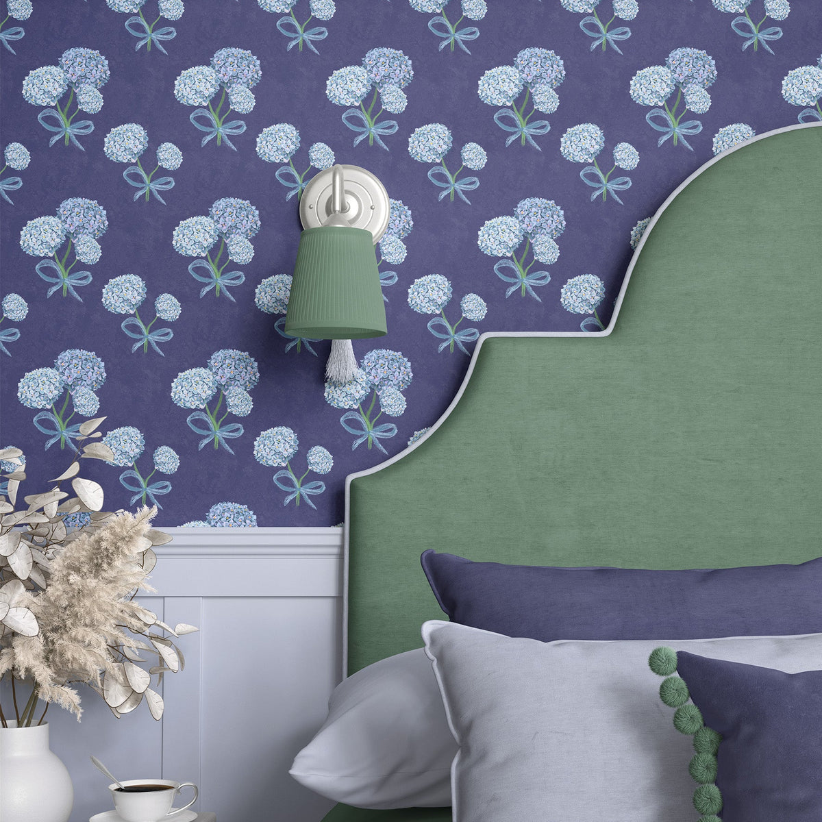 Hydrangea floral wallpaper in a bedroom