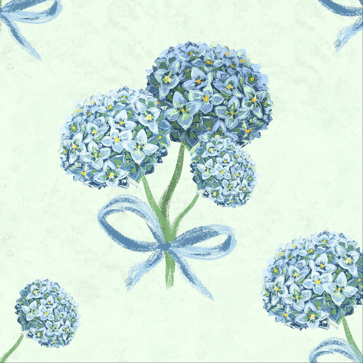 Hydrangea floral wallpaper pattern in blue on a mint background