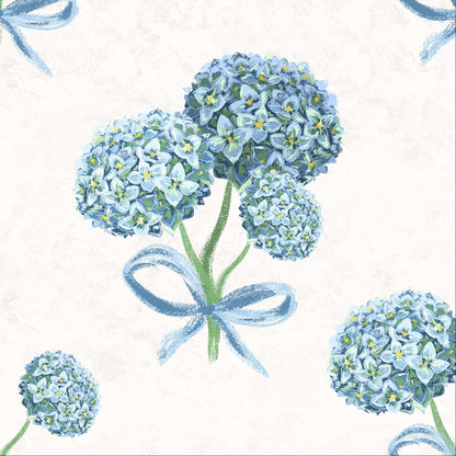 Hydrangea floral wallpaper pattern in blue on an off-white background