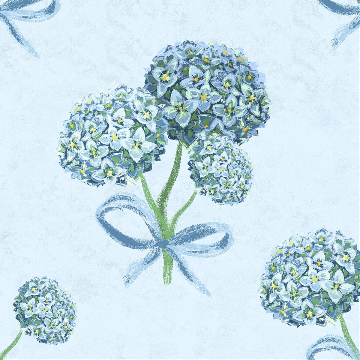 Hydrangea floral wallpaper pattern in blue on a blue background