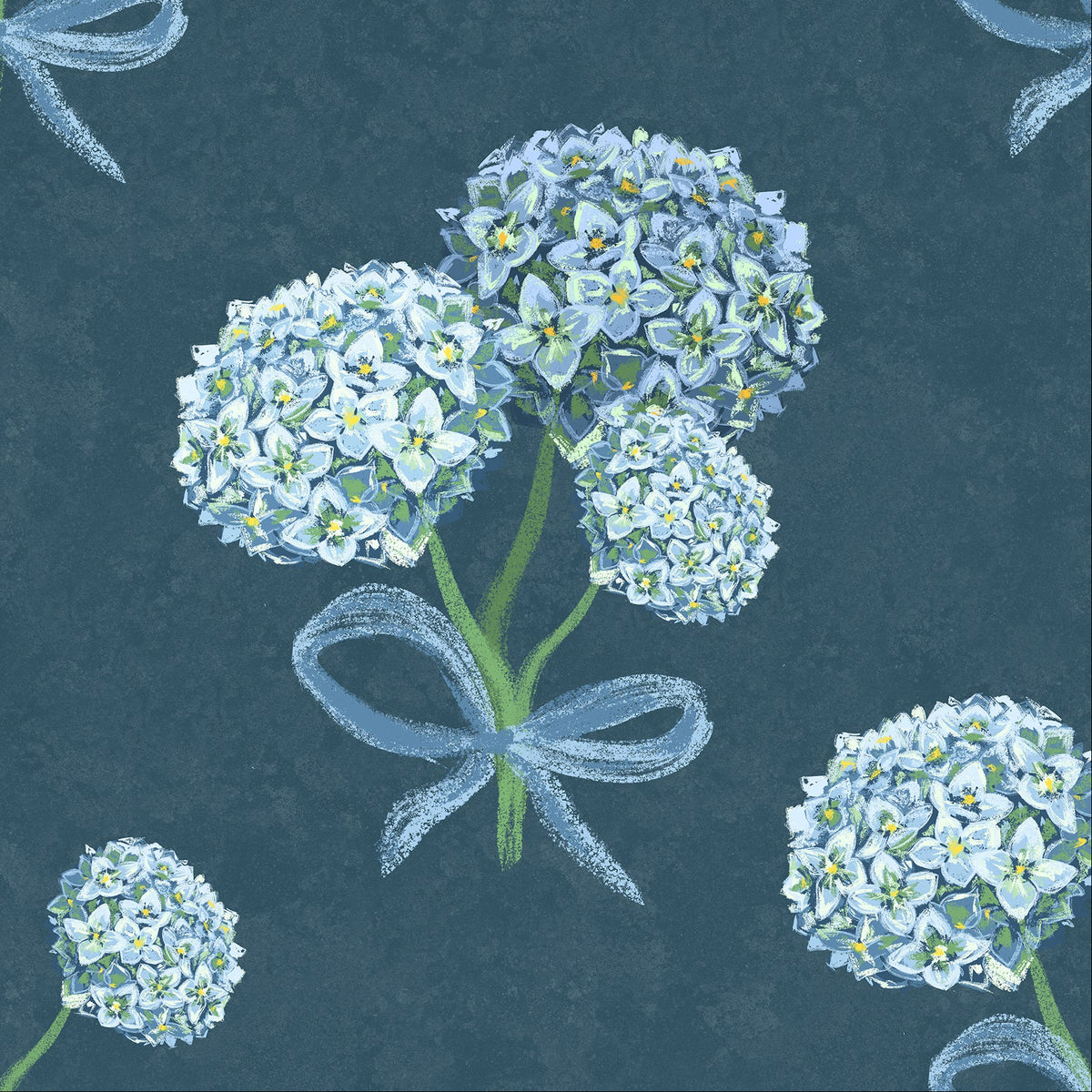 Hydrangea floral wallpaper pattern on a dark blue background