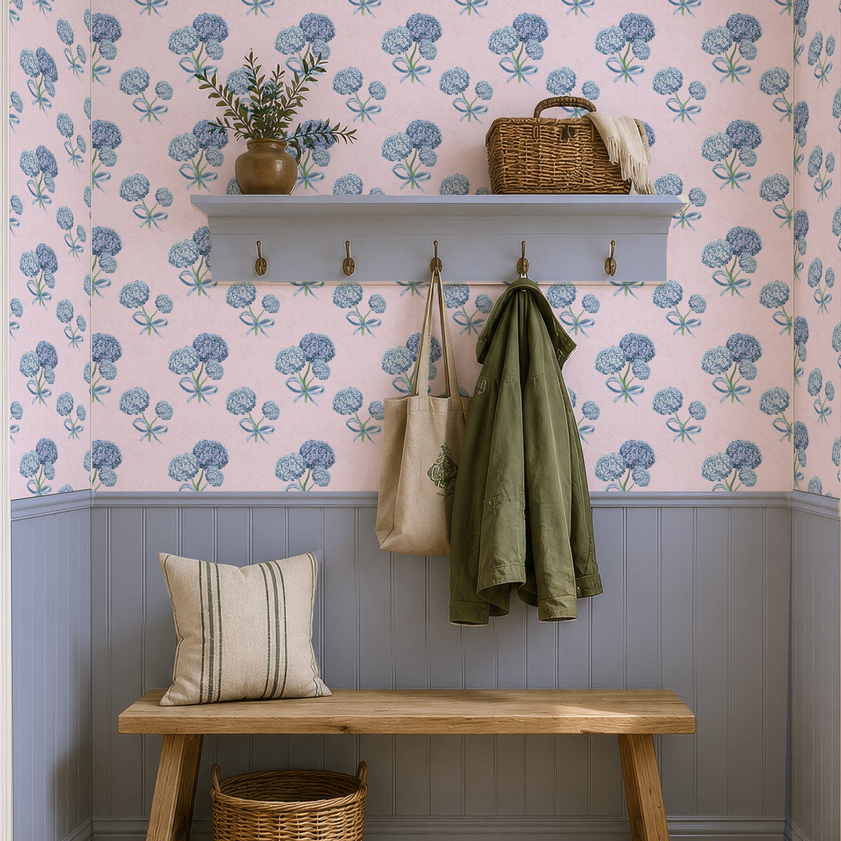 Hydrangea floral wallpaper in an entryway
