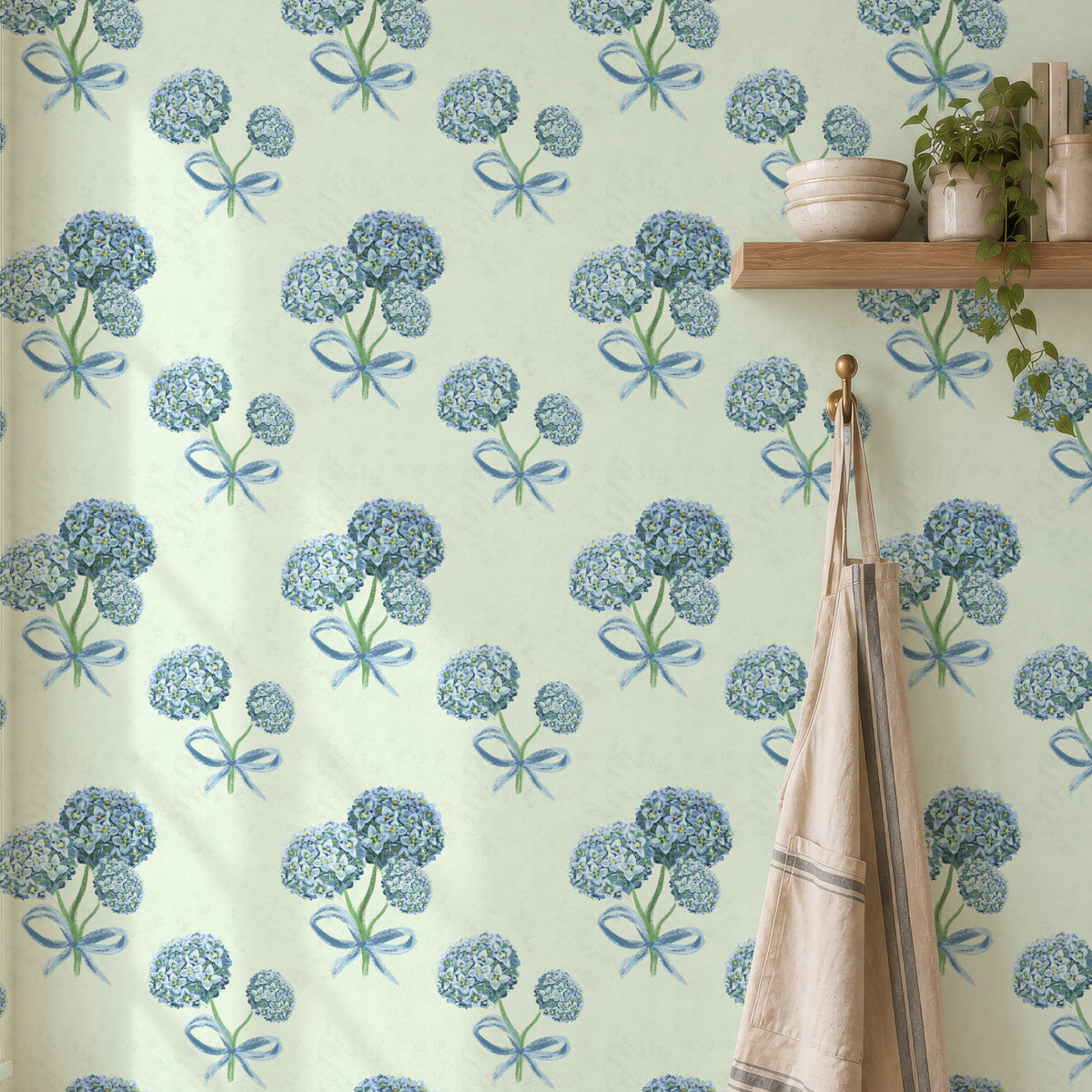 Hydrangea floral wallpaper in a kitchen