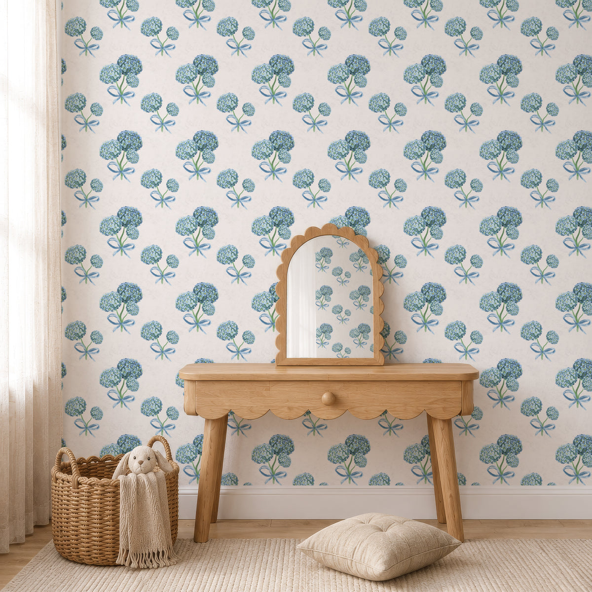 Hydrangea floral wallpaper in a nursery