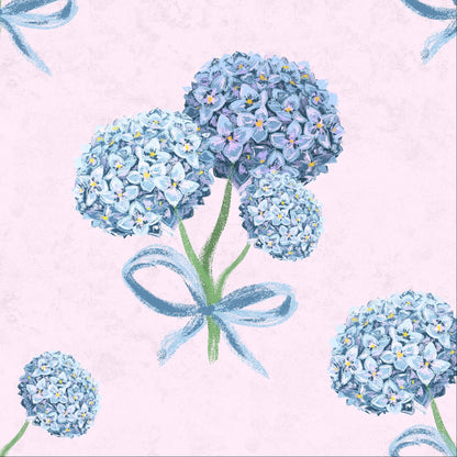 Hydrangea floral wallpaper pattern on a pink background