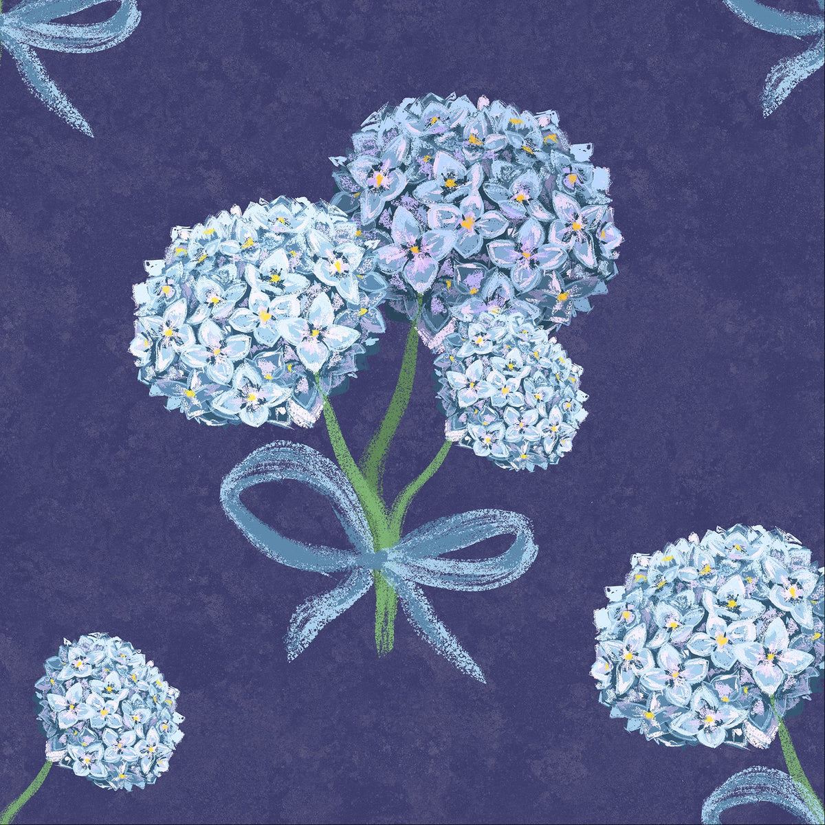 Hydrangea floral wallpaper pattern on a violet background