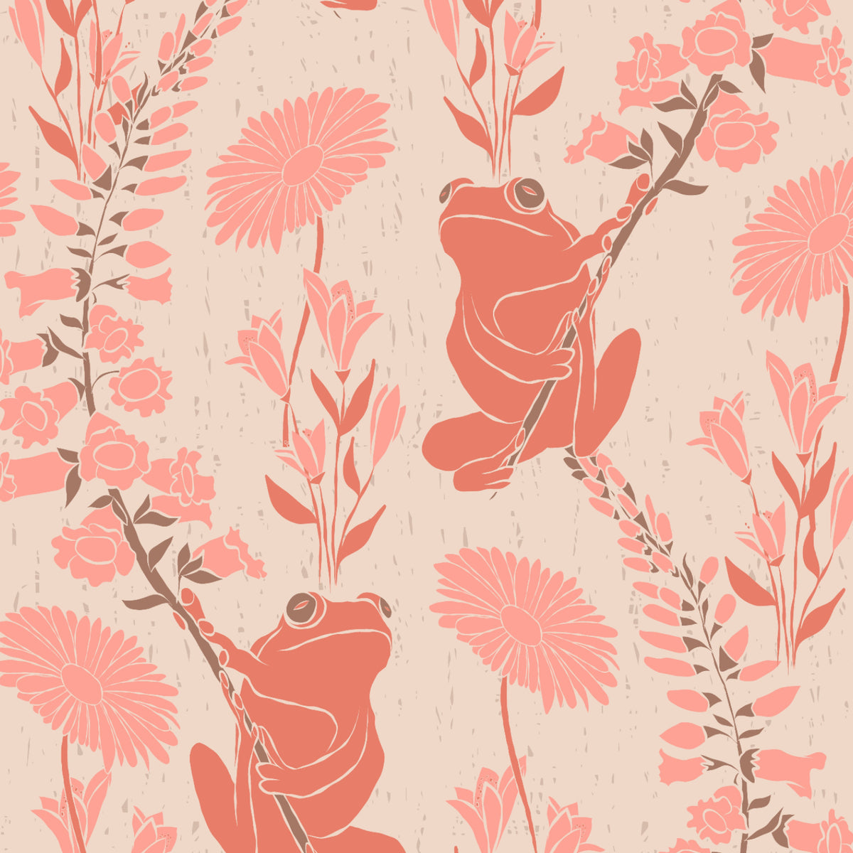 Frogs wallpaper in coral pink on cream
